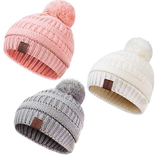 REDESS Baby Kids Winter Warm Fleece Lined Hats, Infant Toddler Children Pom Pom Beanie Knit Cap Girls Boys