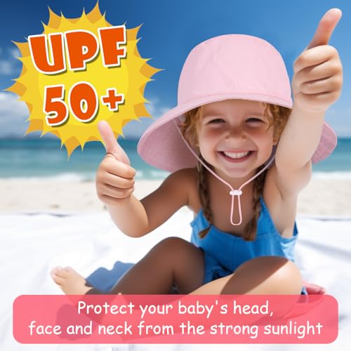 Baby Sun Hat Kids Summer UPF 50+ Toddler Bucket Hat Wide Brim Adjustable Beach Hats for Boys Girls Age 0-6 Years Pink2