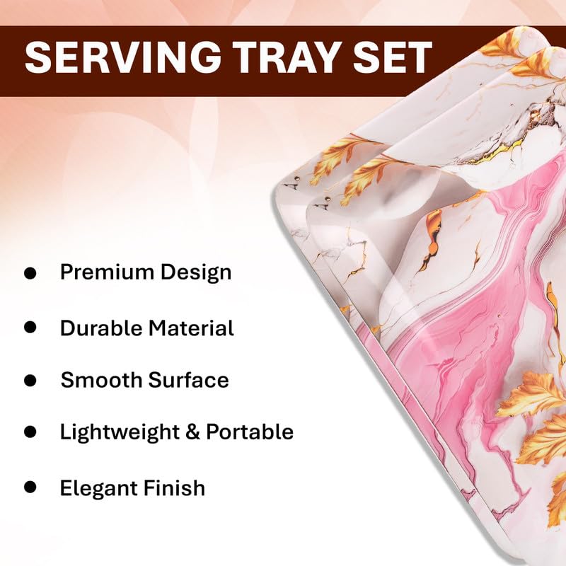 Image of Golden Fish Floral Print Serving Tray Set of 2 Medium Size for Kitchen Dining and Tea Serving Rectangular Melamine Snack Tray Lightweight Durable Multipurpose Food Serving Tray Home and Party Use