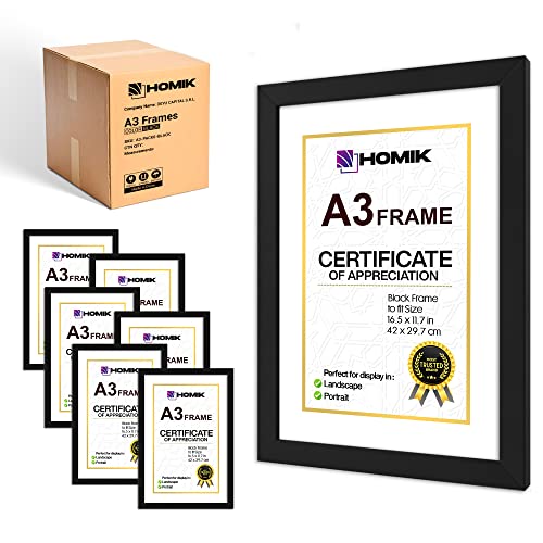 HOMIK Pack of 6 A3 Photo Frames MDF Black - A3 Picture Frames Black Economy Pack