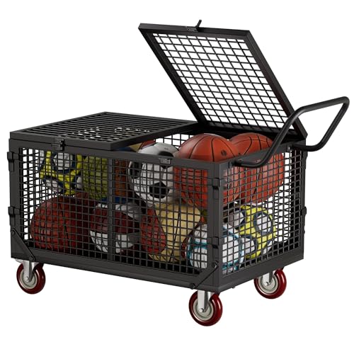 YOHKOH Ball Cart Premium Portable Storage Locker with Wheels Heavy-Duty Basketball or Volleyball Cart Lockable Ball Bin for Sports Equipment 38.6 W x 25 D x 34.3 H