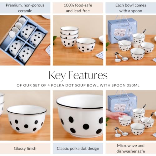 Image of Nestasia Ceramic Soup Bowl with Spoon Set of 4 (400ml Each) - White & Black Polka Dot Printed Microwave & Dishwasher Safe Bowl Set for Serving Soup, Custard, & Dessert - Perfect for Gifting