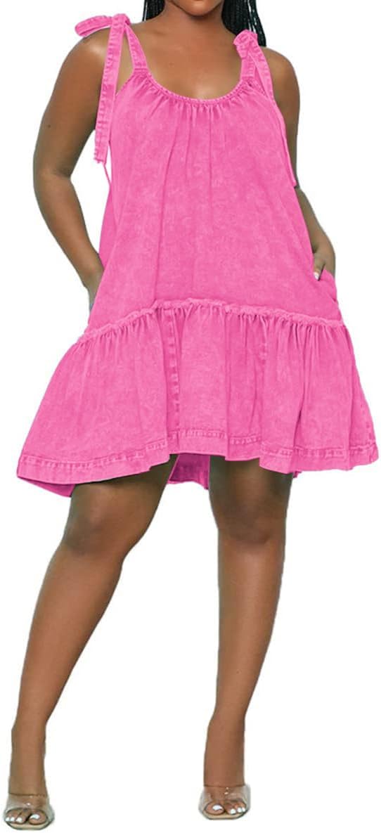 Women Denim Cami Dress Tie Shoulder Ruffle Hem Short Dresses Babydoll Wash Jean Sundress with Pocket