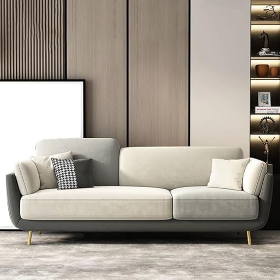 Image of Stylish & Modern Cushioned Couch Relax sectional Sofa in Fabric & Velvet and Heavy Duty Sofa for bedrooms, Living rooms Guest rooms Home and Office-(3 seater Light Grey & Beige).