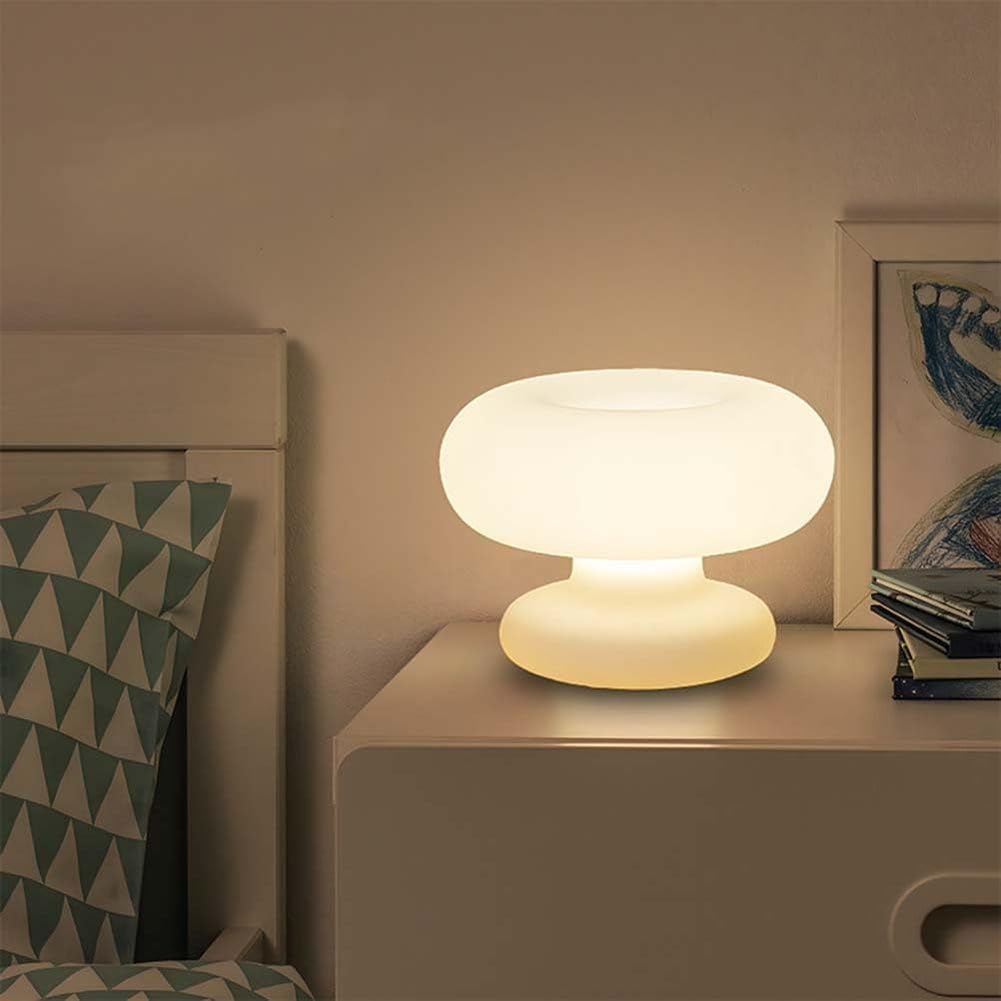 AoLa LED Donut Tischlampe Pilz Tischleuchte mit Kabel und Schalter Weiß Glas Lampenschirm Rund Deko Nachttischlampe Moderne Design Nachtlicht für Wohnzimmer Schlafzimmer Kinderzimmer WarmWeiß