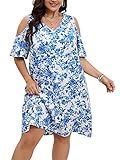 SCOMCHIC Womens Summer Dresses Casual Short Sleeve Cold Shoulder Floral Dress 3XL Blue