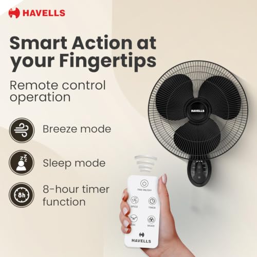 Image of Havells Gatik Pro BLDC 400mm Wall Mount Fan | RPM: 1350 | Double string for Speed & Oscillation control | Thermal Overloaded Protected Motor | 100% Copper Wire Winding Motor | 2 Year Warranty (Black)
