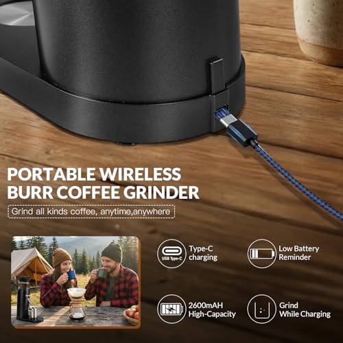 Image of Coffee Grinder, Rechargeable Conical Burr Mill, 60 Settings, Cordless Black | Stainless steel burrs, digital timer, anti-static chute and air blower; 2600mAh USB-C battery for home, office or travel