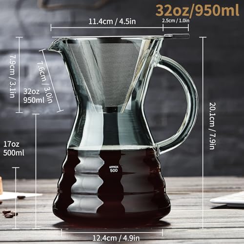 Image of Unbreakable - Pour Over Coffee Maker with Permanent Stainless Filter 27 fl oz, Thickened Heat-Resistant Borosilicate Glass Dripper Coffee Brewer, Stovetop Safe, Ink