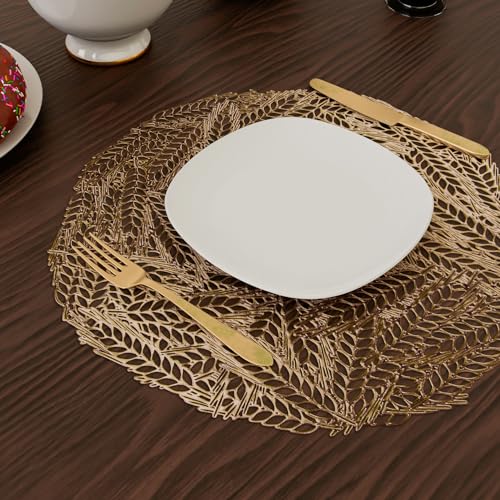 Image of Kuber Industries Side Table Mats | Leather Bedroom Center Table Mat Set | Round Leaf-Design | Golden