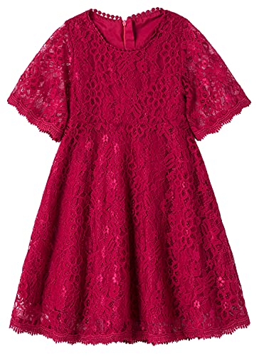 Niyage Toddler Kids Girls Elegant Floral Lace Bell Sleeves Vintage Pageant Party Princess Dress Wine Red 100
