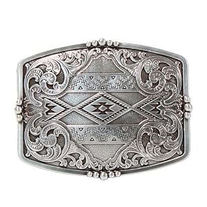 Nocona Belt Co. Men’s Western Buckle with Floral Aztec Engraving and Stud Accents (Silver, 3″ x 3-1/2″)