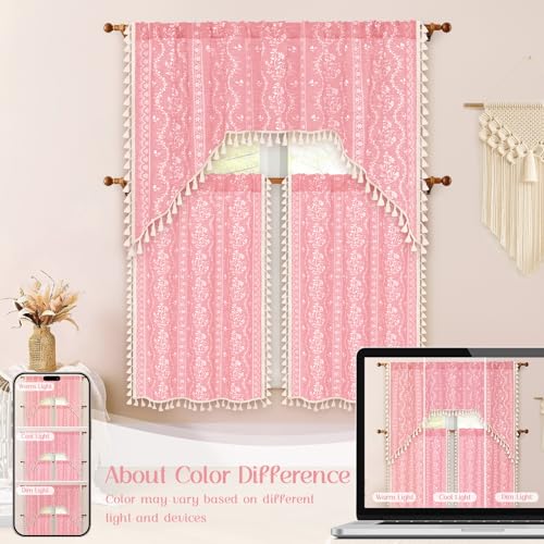 Image of Yinhua Boho Kitchen Curtains 36 Inch Length Vintage Linen Cafe Curtains Light Filtering Bohemian Floral Tier Rod Pocket Farmhouse Rustic Tassel Small Drapes with Tiebacks, 2 Panels, Pink