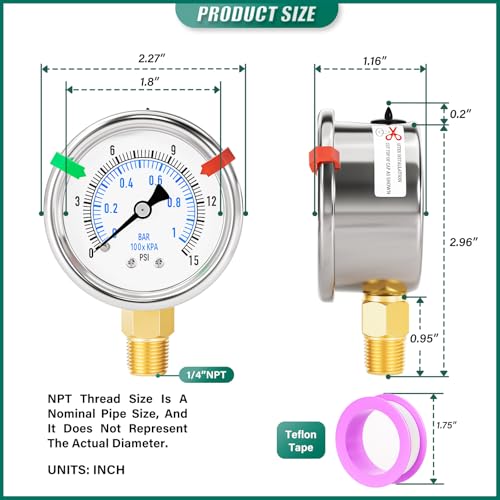 Image of 0-15Psi Stainless Steel Dry Low Pressure Gauge 1 /4 inch NPT 2 inch Dual Scale Dial, Lower Mount, Waterproof for Water Oil Air Well pump, compressors, Tire Gas Pressure Test (with Range Mark Pointer)