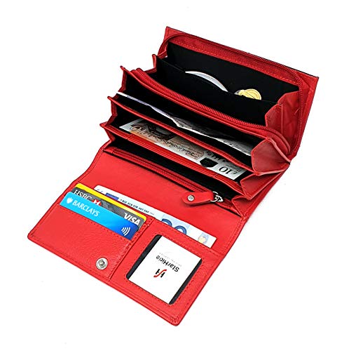 Ladies RFID Clutch Wallet Soft Genuine Leather Flap Over Women Purse Credit Cardholder, ID And Coin Organizer 5510 (Red)4