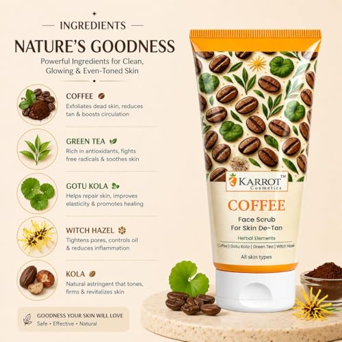 Image of KARROT COSMETICS Coffee Face Scrub for Skin De-Tan & Brightening | Removes Tan, Dead Skin & Blackheads | With Coffee, Gotu Kola, Green Tea & Witch Hazel | Exfoliating Face Scrub for Glowing Skin | 100g.