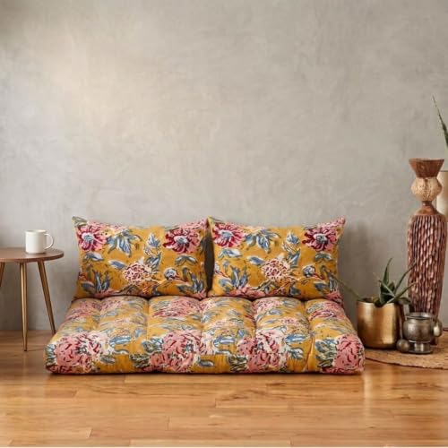 Image of Low Seating Floor Cushion 70 x 152 cm with 2 Back Support Cushions | Thick Quilted Cotton Floor Mattress Pad | Floral Printed Gadda for Sitting, Meditation, Yoga & Living Room Floor Seating