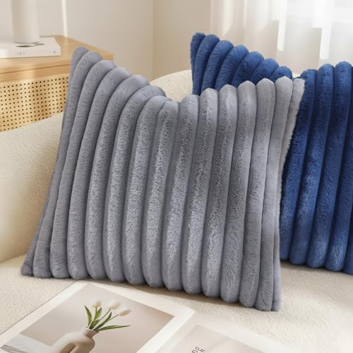 Image of decorUhome Fall Cozy Faux Fur Throw Pillow Covers 26x26 Set of 2 Decorative Soft Plush Striped Modern Farmhouse Boho Couch Euro Sham Pillow Cases with Velvet Back for Sofa Bed Living Room, Grey