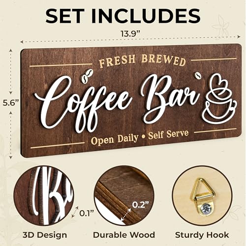 Image of Woodamore Coffee Bar Signs for Wall Decor - Vintage Coffee Accessories for Cafe Station Signs Decorations, Small Farmhouse Cafe Sign for Home Decor Kitchen, Countertop
