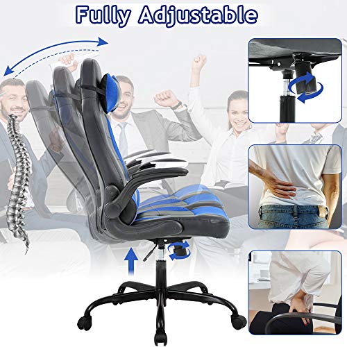 Gaming Chair Office Chair Desk Chair Ergonomic High Back Computer Chair With Lumbar Support Flip-Up Arms Headrest Pu Leather Height Adjustable Swivel Task Executive Chair For Women Men Adult, Blue #TOP4