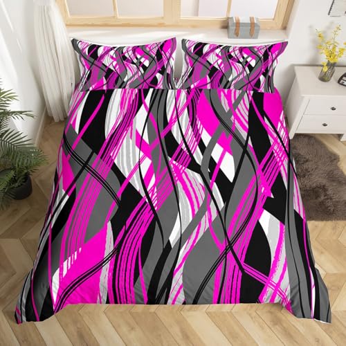 jejeloiu Toddler Size Rose Pink Striped Bedding Set for Kids Boys Girls Modern Abstract Comforter Cover Minimalist Duvet Cover Bedroom Decor Soft Microfiber 2Pcs,No Stuffing