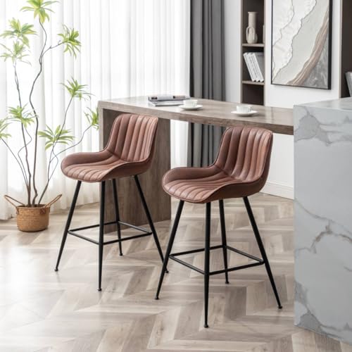 Brown Bar Stools Set of 2, 24 Inch Barstools Fabric Upholstery