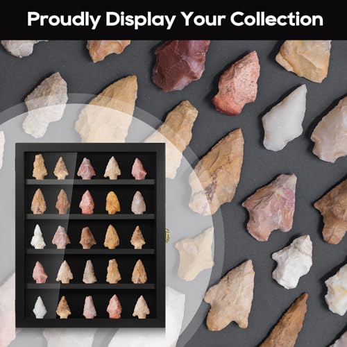 Image of TJ.MOREE Rock Display Case Black, Native American Arrowhead Display Case, Shadow Box Wall Mount for Crystal, Knife Display