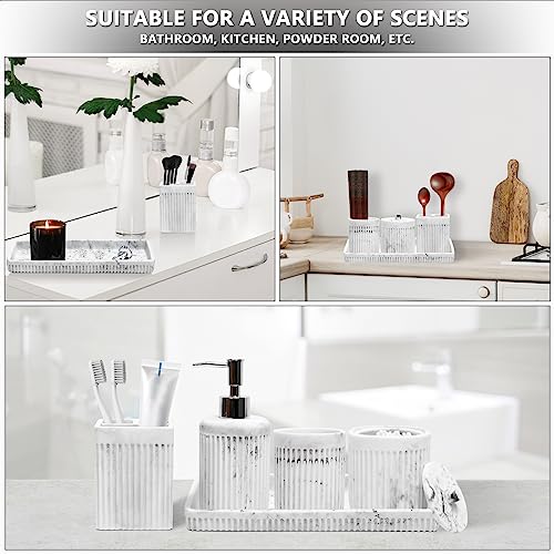 Resin White Marble Bathroom Accessories Set 5 Pcs, Lotion Soap Dispenser, Toothbrush Holder, Bathroom Tumbler, Qtip Holder and Vanity Tray, Bathroom Countertop Organizer Set for Modern Home Apartment - Image 6