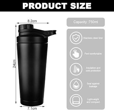 Protein Shaker Bottle 750ml, Stainless Steel Insulated Protein Shaker and Water Bottle,with Noise Free,BPA Free,Shaker for Protein Shakes, with Mixed Mesh,for Protein Shakes Gym Shaker
