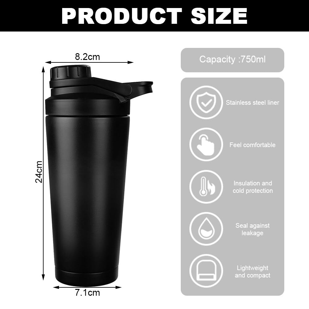Shaker protéiné isotherme 750 ml acier inoxydable, sans bruit, sans BPA, bouteille d'eau et maille mélangée