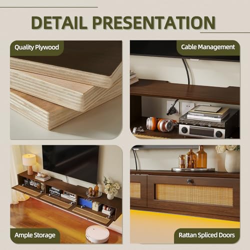 FloatiCasa Fully-Assembled Floating TV Stand with 3 Rattan Doors, Rustic Floating Entertainment Center Under TV Shelf, Modern Large Storage Wall Mounted Media Console for Living Room Bedroom 47IN by FloatiCasa - Image 3