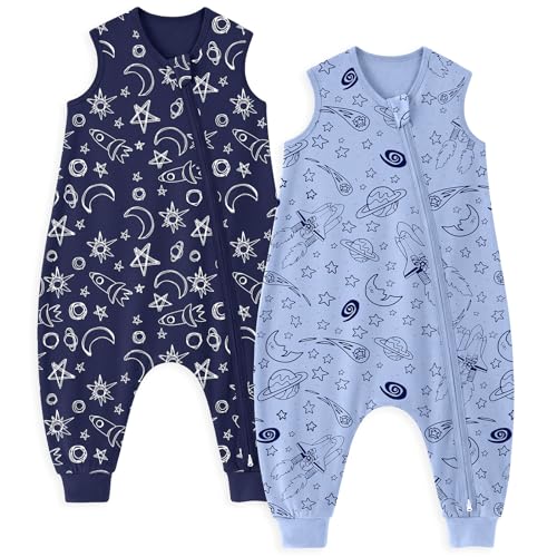 Unnivoll Baby Schlafsack mit Füßen 0,5 Tog Schlafsack Baby Sommer 2er Pack Baumwolle Schlafsack mit Beinen Babyschlafsack Weich 80 cm für Jungen Mädchen Blauer Raum