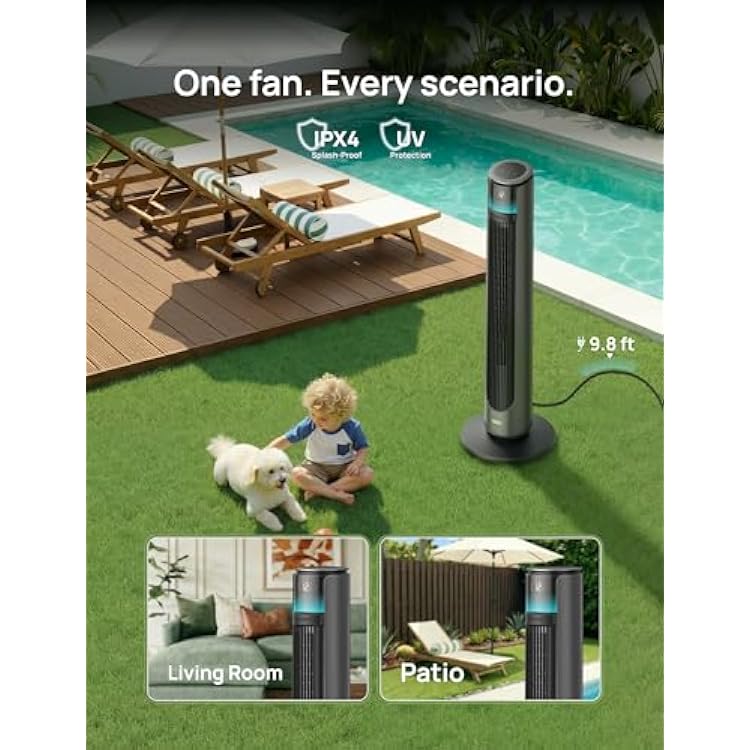 DREO Smart Tower Fan for Indoor & Outdoor Use, 33 ft/s High Velocity, 12 Speeds, 4 Modes Standing Floor Fan, 150 Customizable Oscillating, 20 dB Quiet DC Motor for Bedroom, Weather Resistant