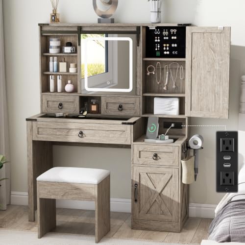 Image of Farmhouse Makeup Vanity Desk with Sliding Mirror and Lights, 42 Wood Vanity Table Set with Glass Top, Power Outlets, Jewelry Storage Cabinet, 4 Drawers, Stool for Country Room Decor, Rustic Oak