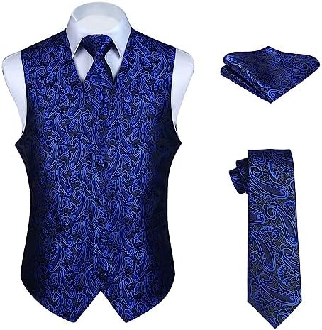 Enlision Mens Vests Dress Blue Paisley Vest and Tie Pocket Square Set Classic Formal Prom Floral Jacquard Waistcoat for Suit or Tuxedo