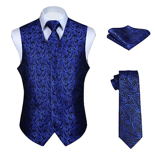 Enlision Mens Vests Dress Blue Paisley Vest And Tie Pocket Square Set Classic Formal Prom Floral Jacquard Waistcoat For Suit Or Tuxedo #TOP12