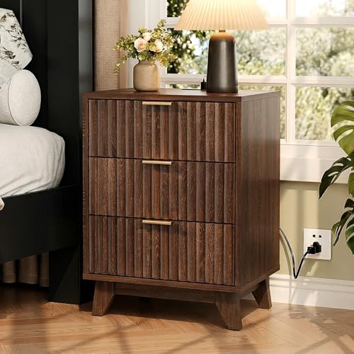 Image of VINGLI Walnut Nightstands Set of 2 with Charging Station, Fluted Nightstand 3 Drawer Night Stand, Mid Century Modern Night Stand for Bedroom, Fluted Bedside Table /End Table /Side Table, 2 pcs