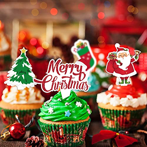 Christmas Cupcake Toppers 72Pcs Christmas Cake Decorations For Santa Tree Snowman Sock Candy Theme Party Cake Toppers Christmas Party Supplies #TOP4