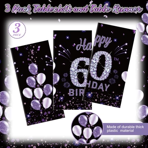 Image of Ganeen 3 Pack 60th Birthday Tablecloth Purple Black Happy 60th Birthday Decorations Disposable Plastic Rectangular Table Cover for Party Supplies Women Men, 108 x 54 Inch