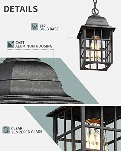 Beionxii Outdoor Pendant Light | Exterior Hanging Porch Light, Cast Aluminum Housing With Tempered Glass, Textured Black Finish - Dm9033H-Bk #TOP4