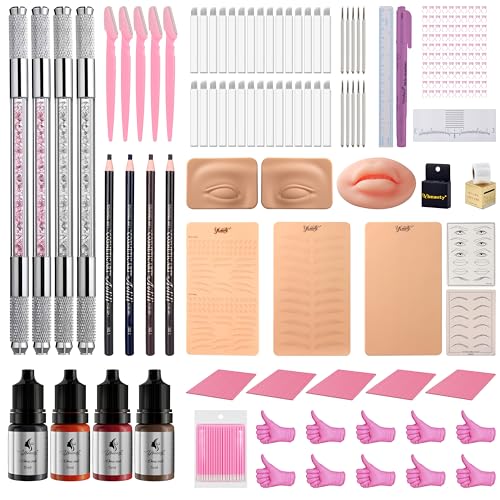 86PCS Complete Microblading Eyebrow Kit, Ybeauty Professional Eyebrow Mapping Kits, with 4PCS Makeup Ink, 8PCS Practice Skin, 30PCS Needles for Artists & Beginners Make Up Machine Supplies