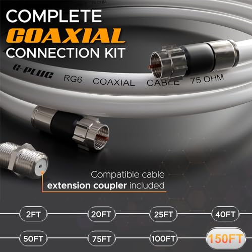 Image of G-PLUG 150FT RG6 Coaxial Cable Connectors Set- High-Speed Internet, Broadband and Digital TV Aerial, Satellite Sky Cable Extension- Weather-Sealed Double Rubber O-Ring and Compression Connectors White