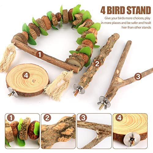 Image of 4PCS Natural Wood Bird Perch Stand - Parrot Perch Stand Training Platform Bird Perch with Hanging Swing Toys - Paw Grinding Stick & Climbing Toys for Bird Cage Accessories
