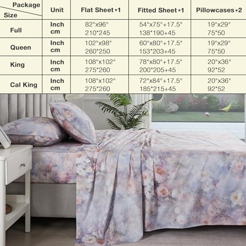 Image of Vintage Floral Percale Sheets, Queen 100% Cotton Shabby Chic Sheet Set, Soft Crisp Purple Flower Bed Sheets, Cozy House Bedding, Deep Pocket Fitted Sheet, White Pink Rose Patterned, 4Pcs