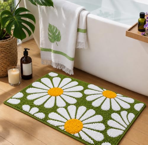 Image of Roseate Flower Anti Skid (40x60 cm) Microfiber 2000 GSM Bath Mat for Bathroom /Bedroom /Door Mat /Floor Mat (Green) Pack of 2