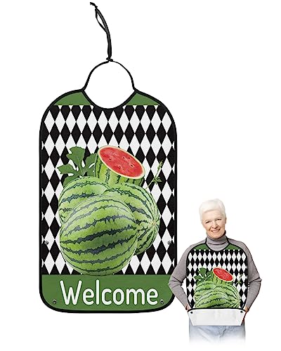 Summer Watermelon Adult Bibs for Eating, Waterproof Bibs with Food Catcher & Adjustable Snap Closure, Black and White Plaid Welcome Washable Clothing Protectors Adult Bibs for Elderly Women/Men
