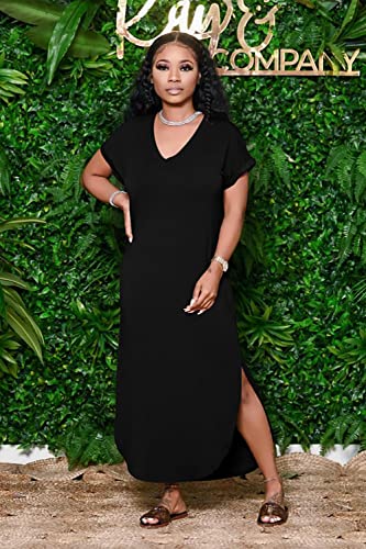 Image of Women Summer V Neck Loose Side Split Maxi Dresses with Pocket