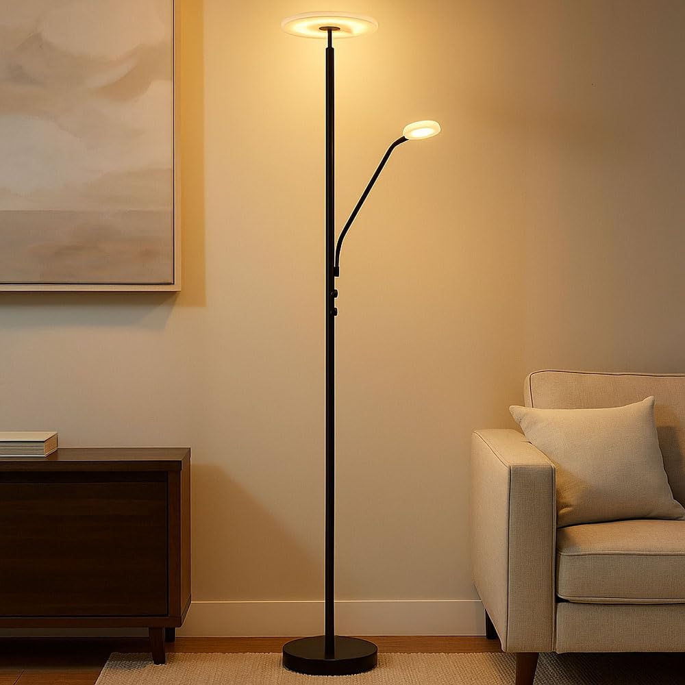 LED Stehlampe dimmbar Deckenfluter mit flexibler Leselampe Stehleuchte schwarz, Metall Acryl, 28W 2100lm warmweiß, DxH 30 x 180 cm