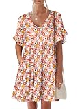 ANRABESS Dresses for Women Summer 2025 V Neck Ruffle Sleeve A Line Tiered Flowy Casual Trendy Mini Beach Dress with Pockets Floral Print X-Large