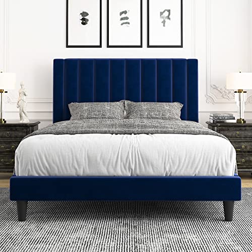 Image of Allewie Full Platform Bed Frame /Velvet Upholstered Bed Frame with Vertical Channel Tufted Headboard /Strong Wooden Slats /Mattress Foundation /Box Spring Optional /Easy Assembly /Navy Blue